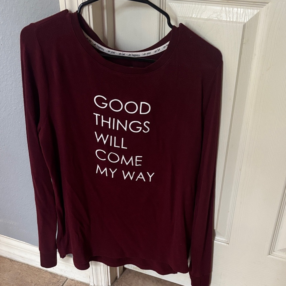 Peace Love World Maroon Long-Sleeve Top with White Positive Graphic